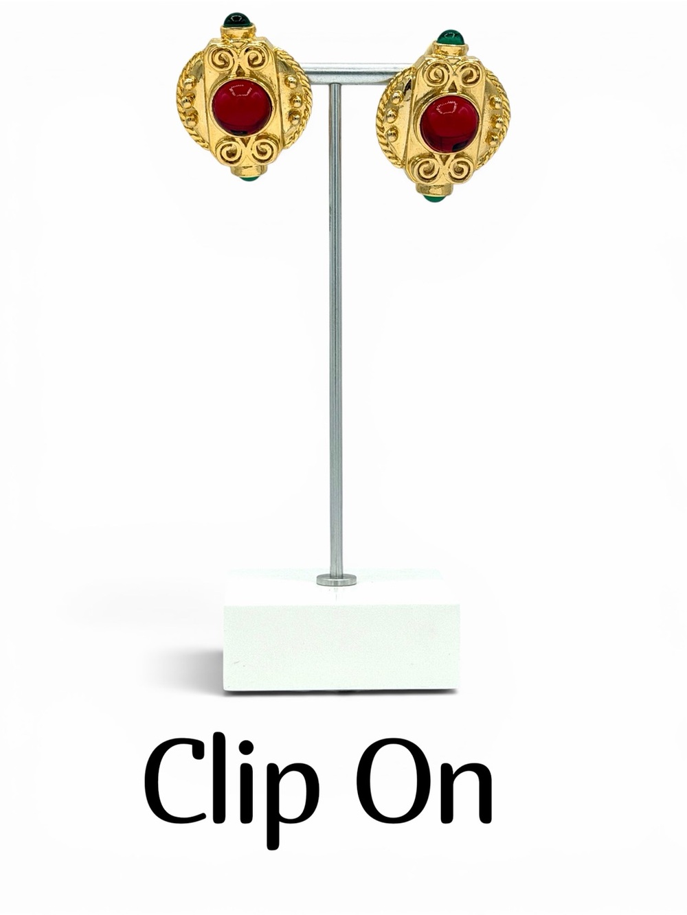 Mogul inspired Gold-Tone Clip-On Earrings Red & Green Glass Cabochon Stones